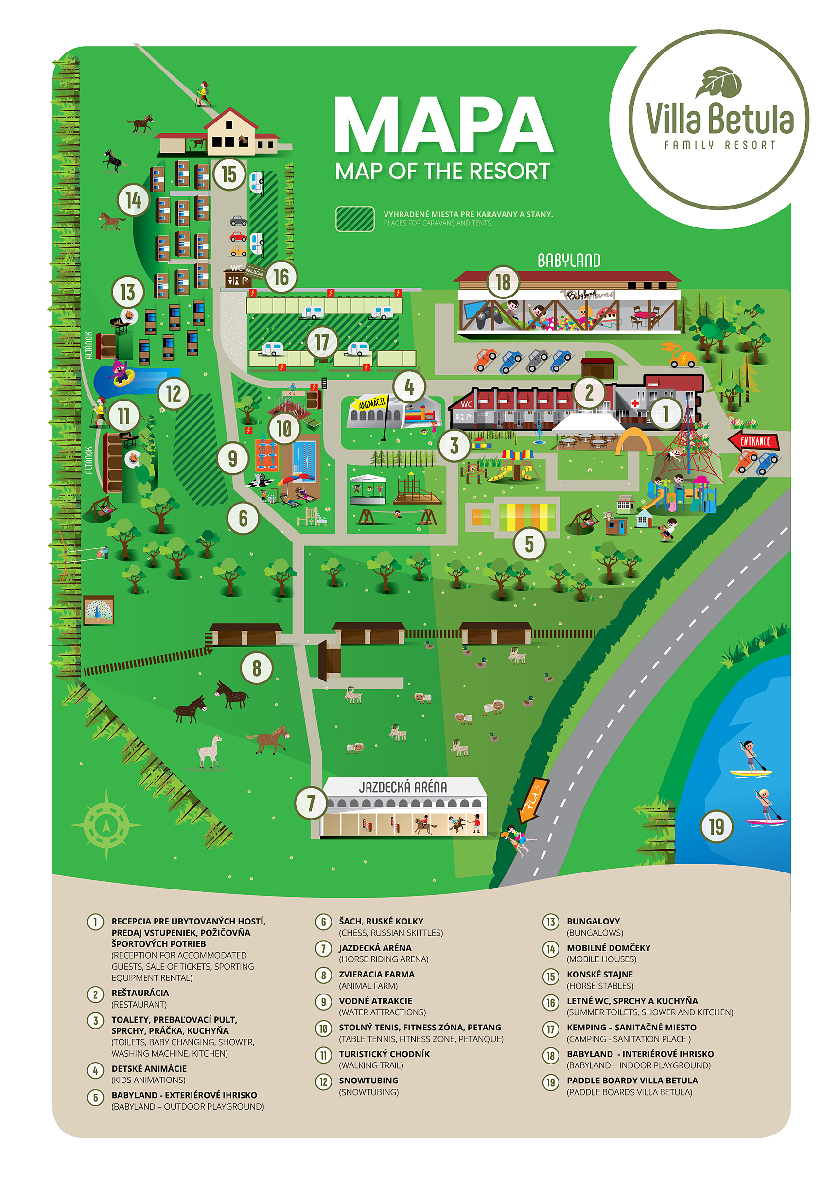 Mapa areálu Villa Betula Resort s piktogramami a obrázkami